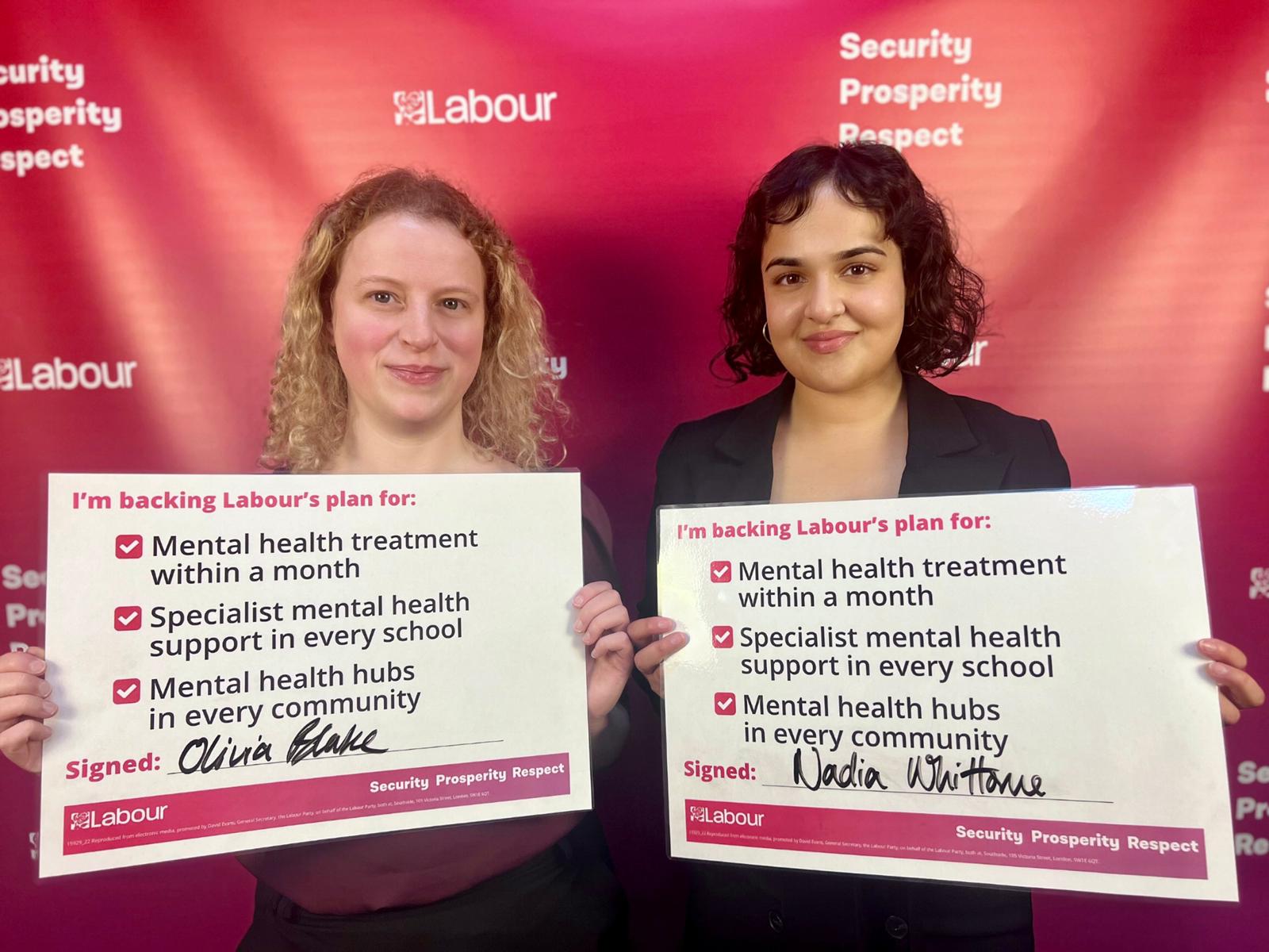 Nadia Whittome and Olivia Blake holding Labour's plans for children's mental health