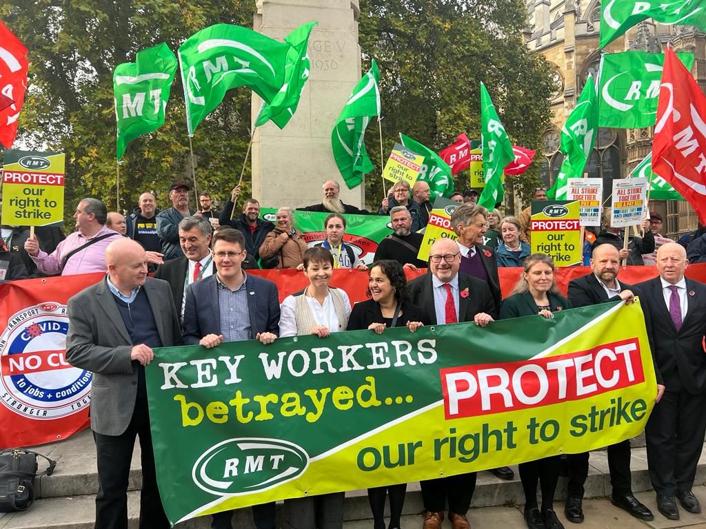 Nadia Whittome taking part in an RMT rally outside Parliament