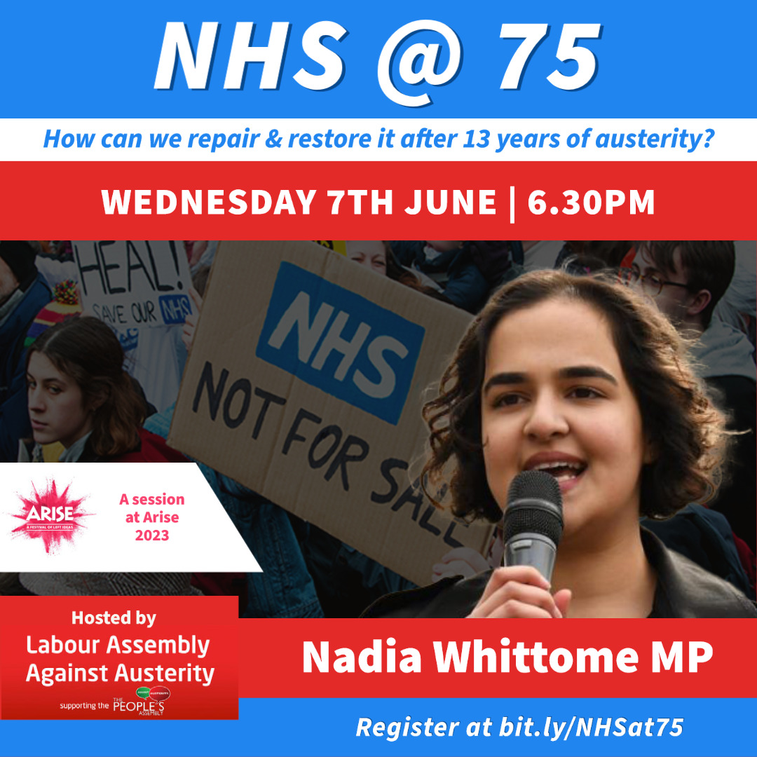 A poster for Nadia speaking at an NHS at 75 rally