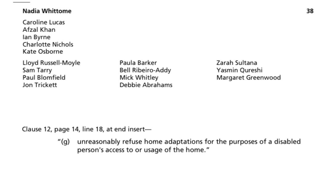 A screenshot of the amendment paper showing an amendment about disabled renters rights, signed by 17 MPs