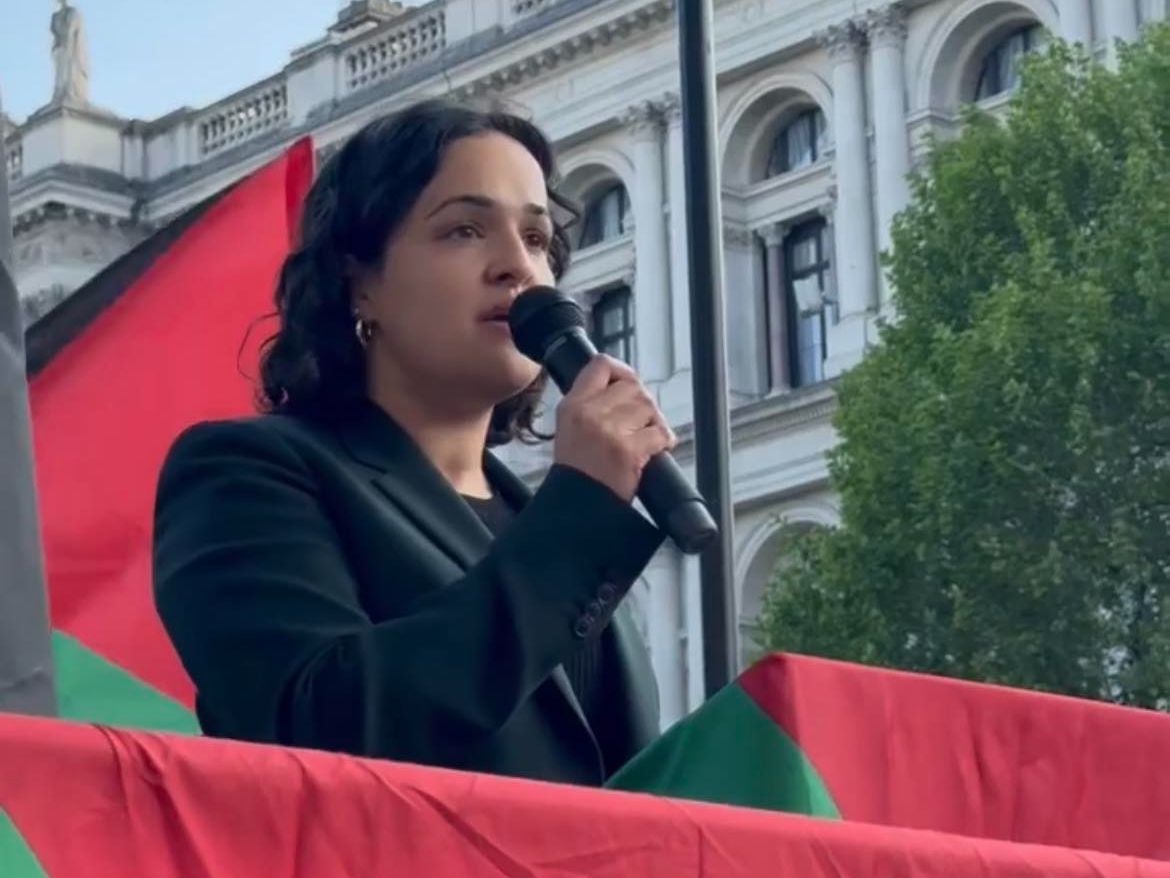 Nadia at a demonstration outside Downing St. She is holding a microphone. Part of a Palestine flag can be seen behind her.